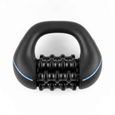 Front view of black body massage roller showing handle loop