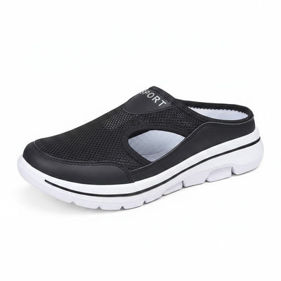 Black mesh slip-on clog sandal on white background