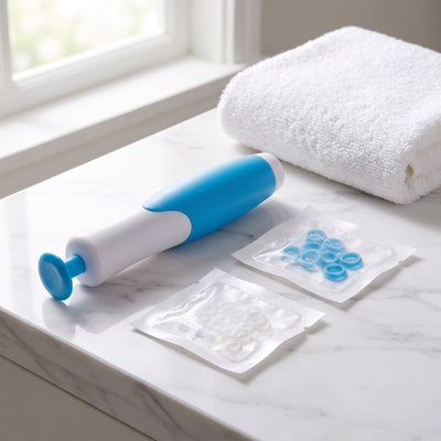 Skin tag removal kit on marble bathroom counter with white towel