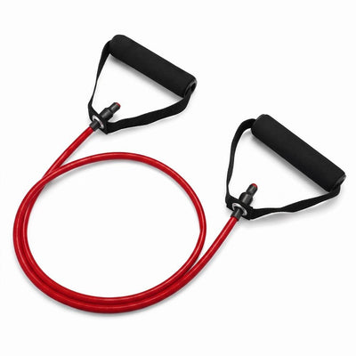 Red resistance band with foam handles on white background
