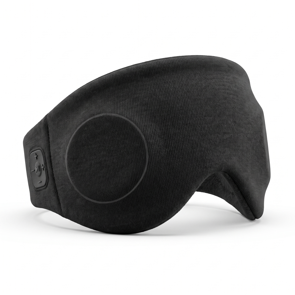 Black Bluetooth sleep mask on white background, side buttons and speaker visible