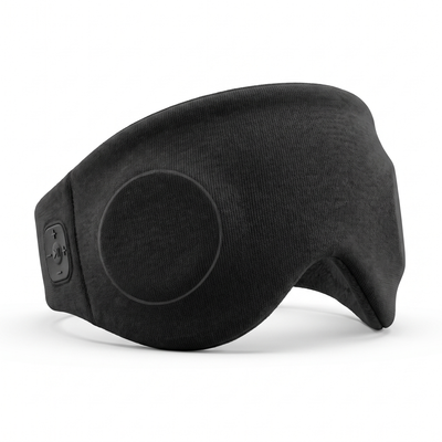 Black Bluetooth sleep mask on white background, side buttons and speaker visible
