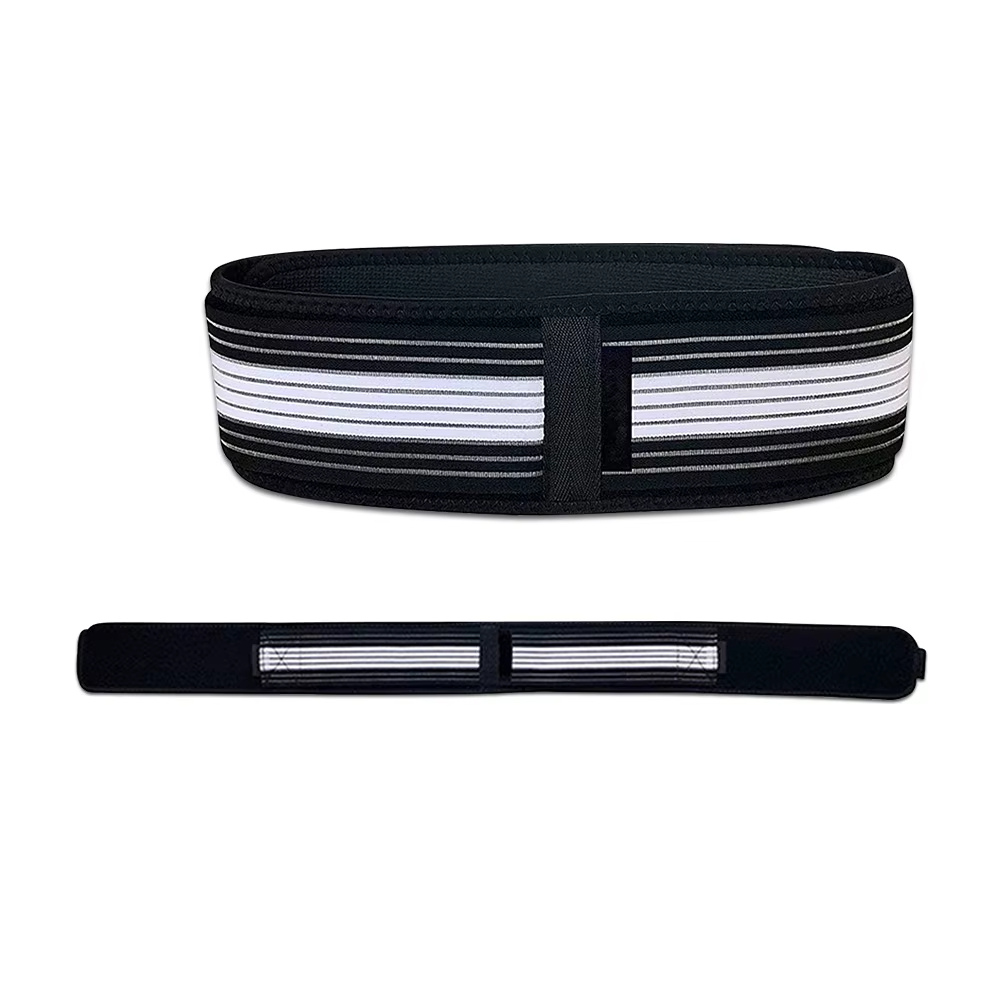 Pelvic support belt flat lay on white background showing adjustment strap