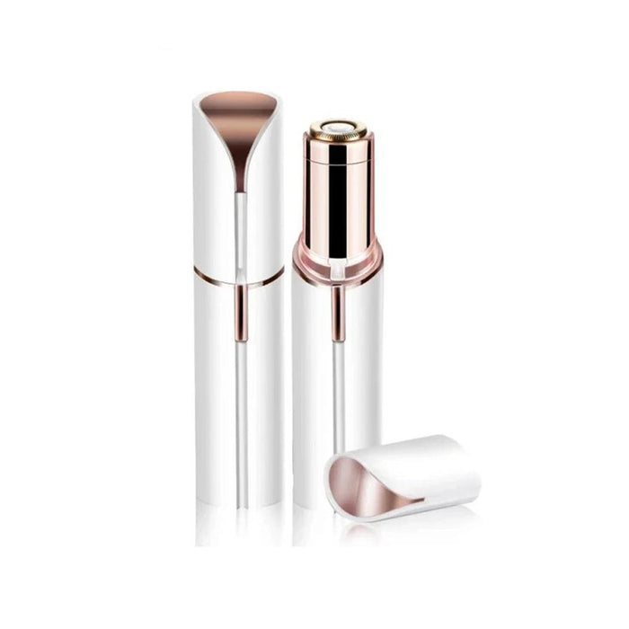 Facial hair trimmer white body with rose gold blade cap removed