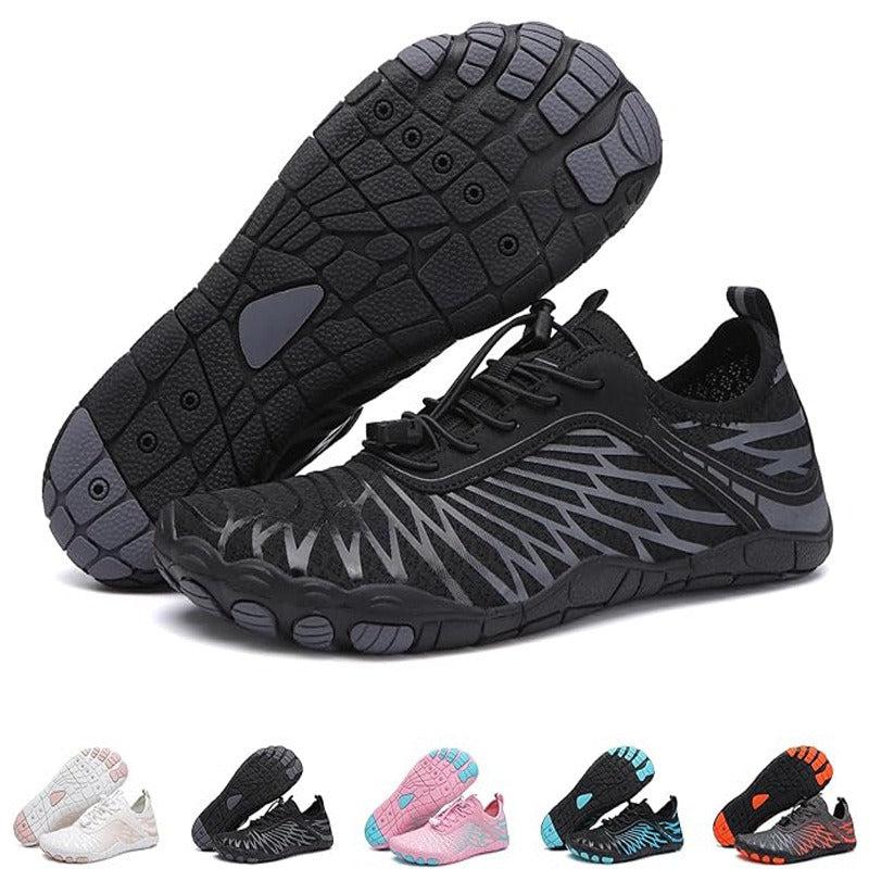 Black barefoot water shoes pair showing top and sole tread pattern