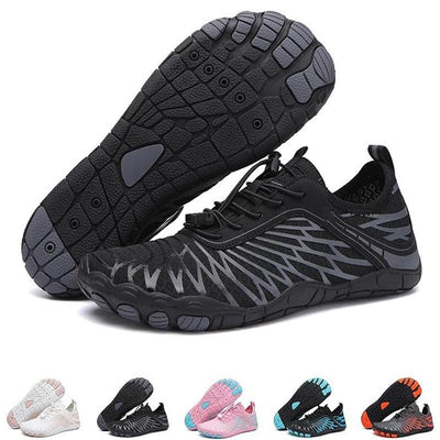 Black barefoot water shoes pair showing top and sole tread pattern