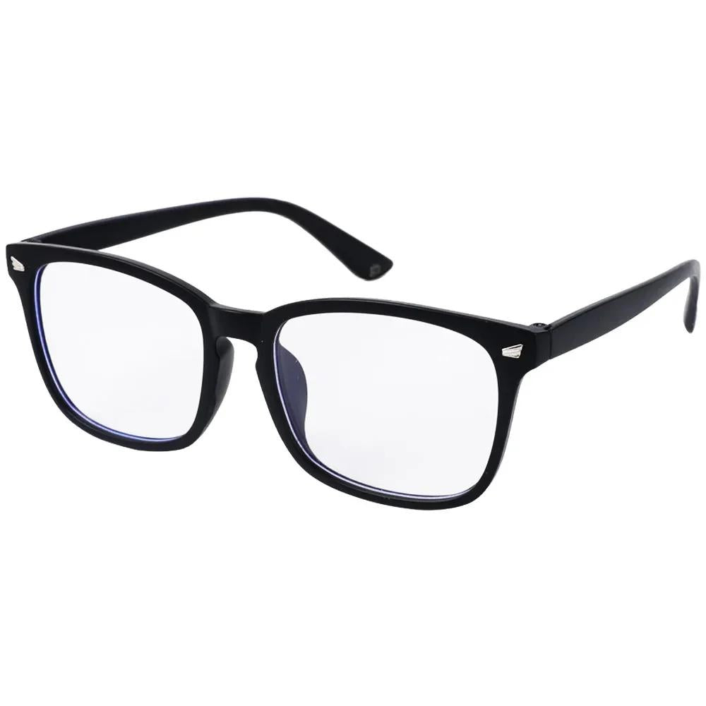 Black square frame blue light blocking glasses on white background