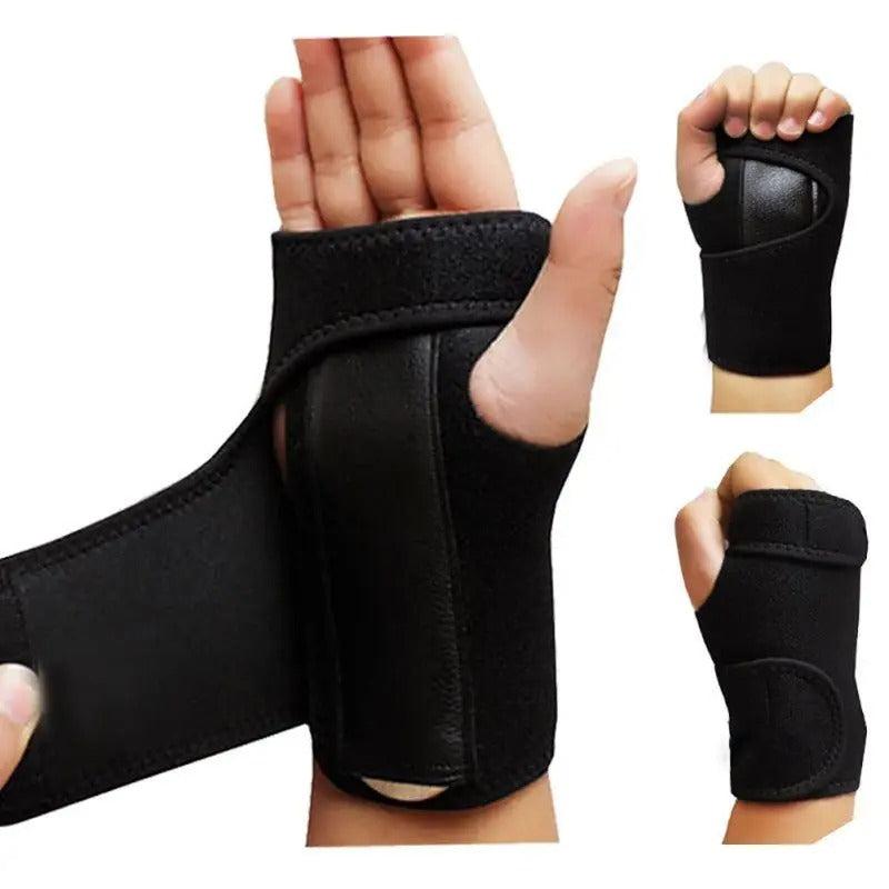 Three views of hand wearing black wrist splint brace