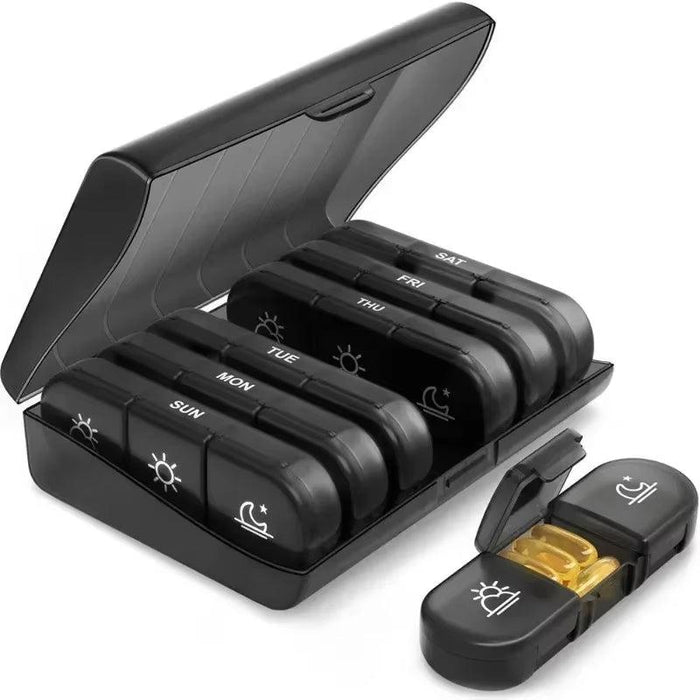 Black 7-day pill organizer open with detached day compartment
