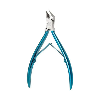 Teal-handled stainless steel toenail nipper on white background