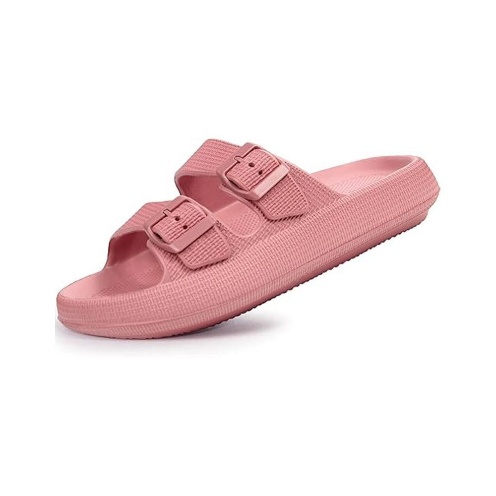 Pink double-buckle slide slippers on white background