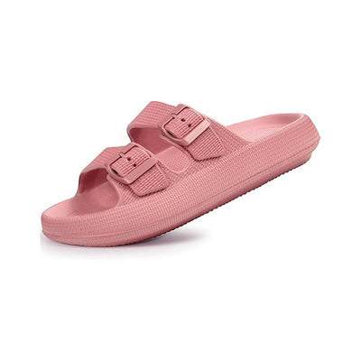 Pink double-buckle slide slippers on white background