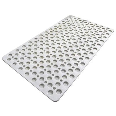White non-slip bath mat with circular drainage holes on white background