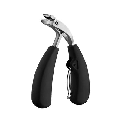 Angled nail clipper with black grip handles on white background
