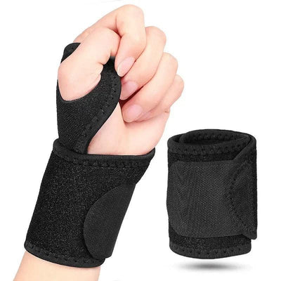 Adjustable black wrist wrap worn over palm and wrist