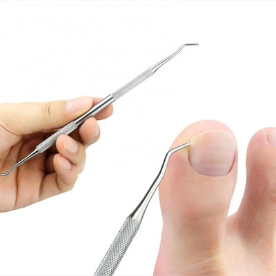 Hand holding ingrown toenail tool near toe, showing how to use it