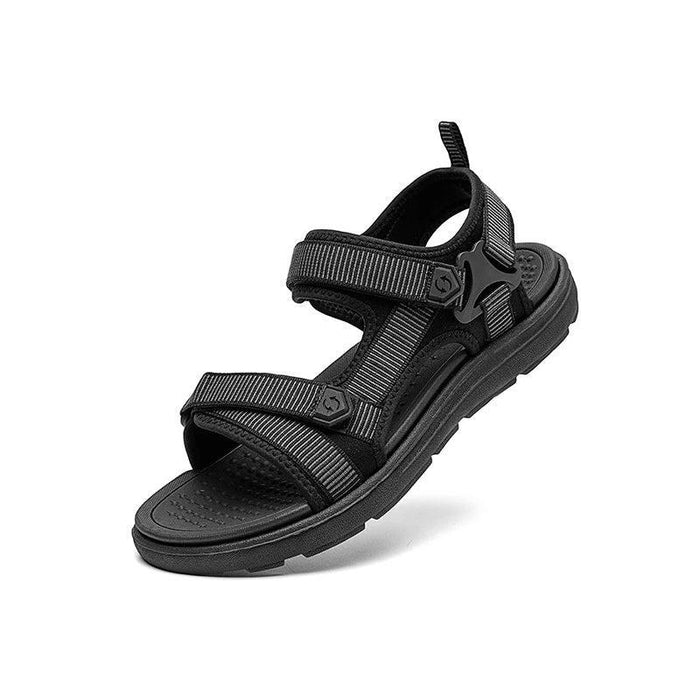 Black shock-absorbing sport sandal on white background