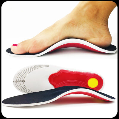 Arch support insole shown under bare foot, side and bottom views