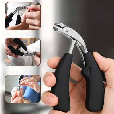 Hand holding angled nail clipper trimming a toenail