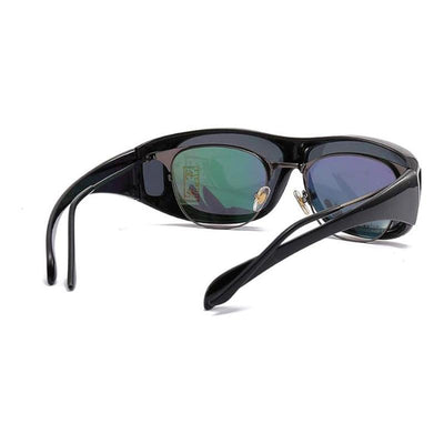 Fit-over sunglasses worn over metal prescription glasses