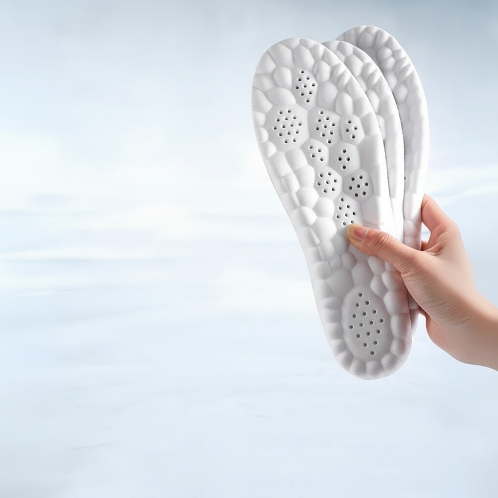 Hand holding cushioned shoe insoles showing bottom surface