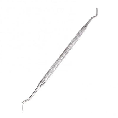 Stainless steel double-ended ingrown toenail tool on white background