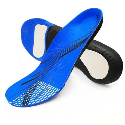 Two arch support shoe insoles showing top surface and layered construction