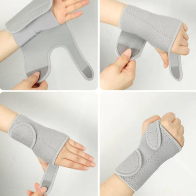 Gray wrist support worn from four angles showing fit and straps