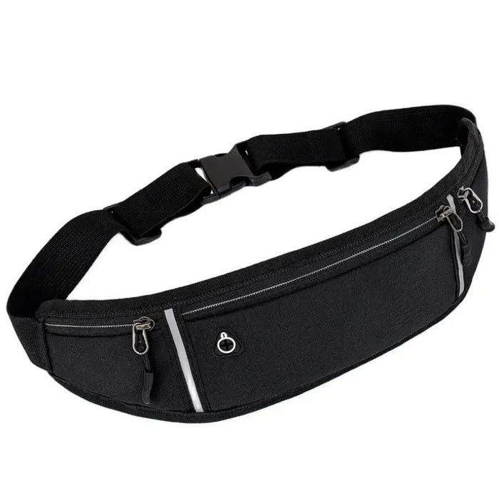 Black running belt with three zippered compartments on white background