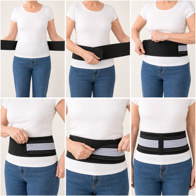Six-step guide showing how to put on the pelvic belt