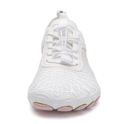 Front toe-box view of white barefoot water shoes showing wide fit