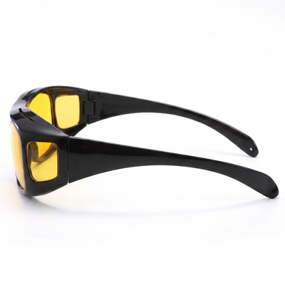 Side profile view of fit-over night driving glasses showing slim temple arm