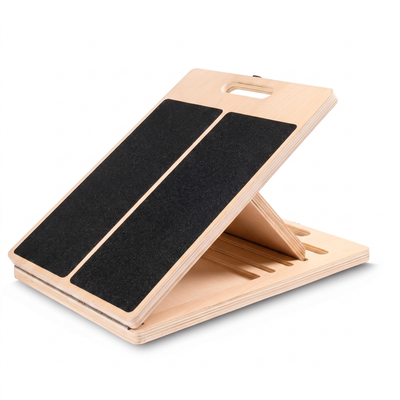 Portable wooden incline stretch board on white background