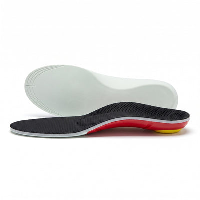 Arch support insole side profile showing raised arch, red TPU platform and yellow gel heel pad