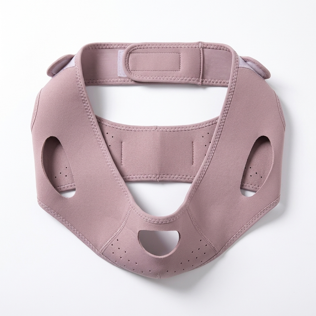 Mauve jawline support wrap laid flat showing full shape