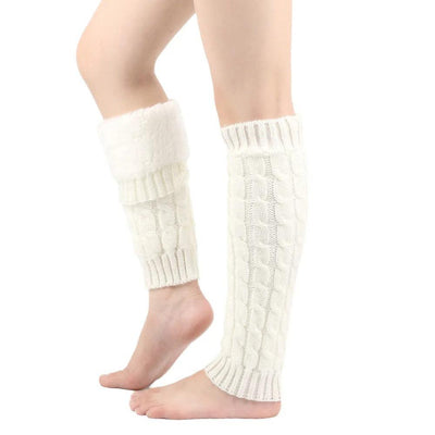 White cable-knit leg warmer with soft fleece fold-over cuff