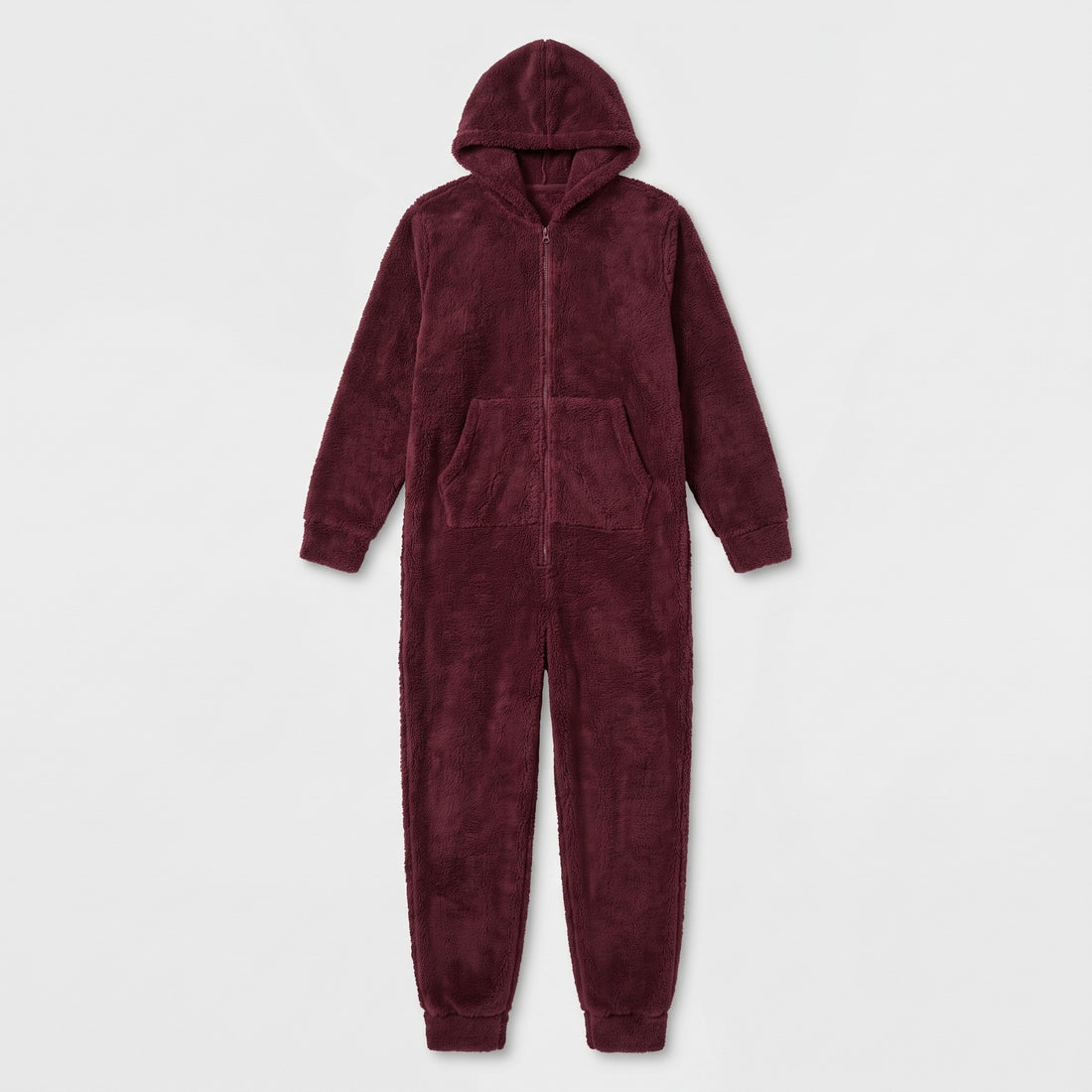 Burgundy sherpa fleece hooded jumpsuit laid flat