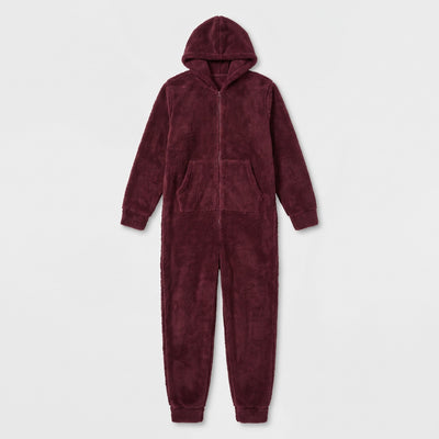 Burgundy sherpa fleece hooded jumpsuit laid flat