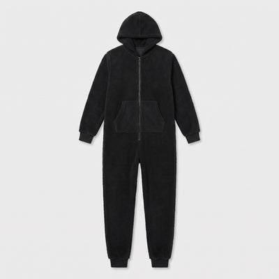 Black sherpa fleece hooded jumpsuit laid flat