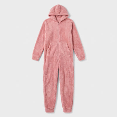 Pink sherpa fleece hooded jumpsuit laid flat