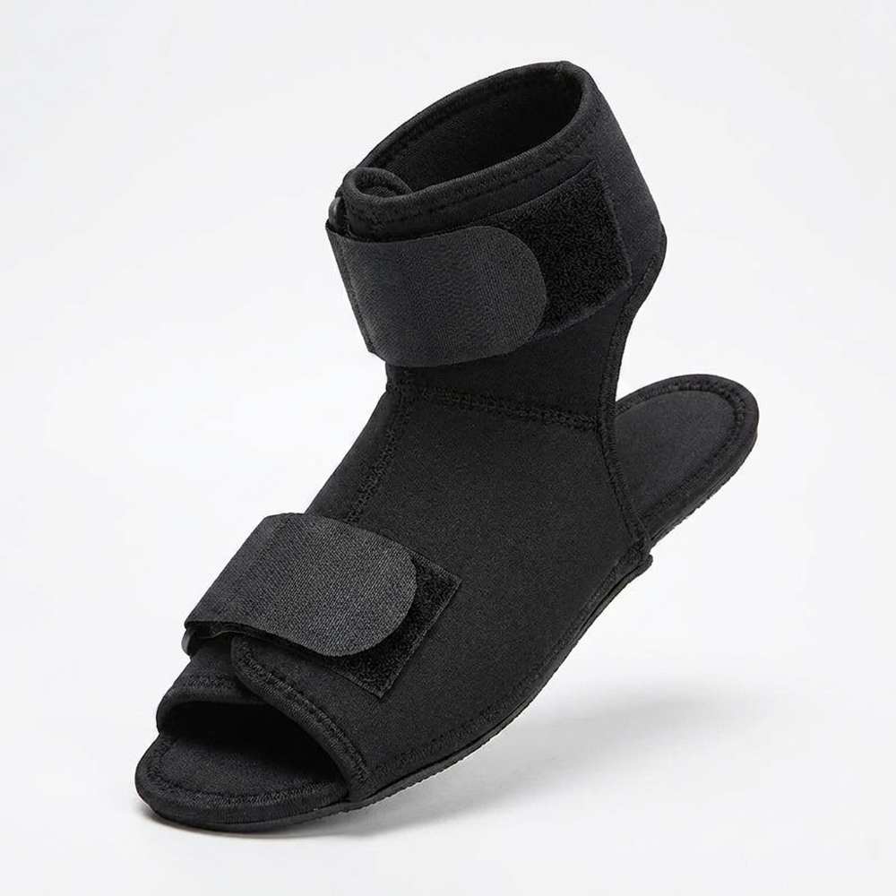 Black dorsal night splint sock on white background showing velcro straps