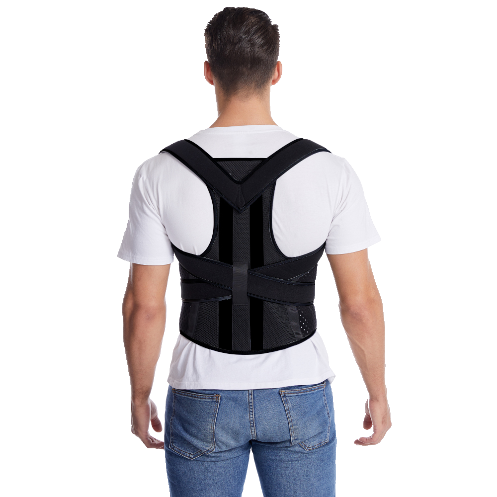 Man wearing black posture brace over white shirt