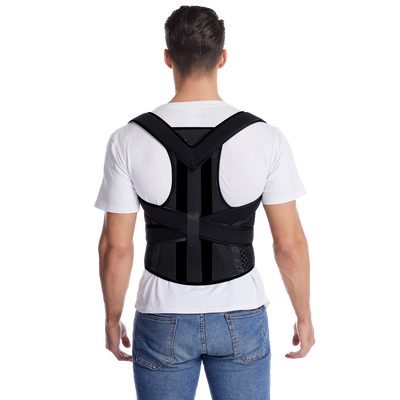 Man wearing black posture brace over white shirt