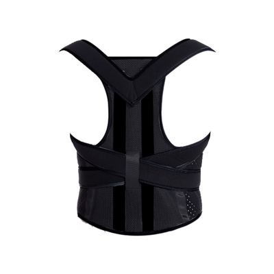 Black posture corrector brace laid flat on white background