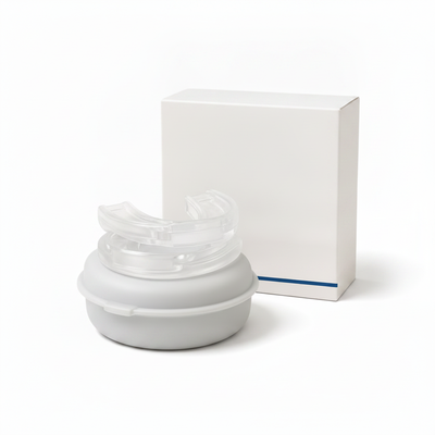 Dental mouthguard and storage case product set on white background