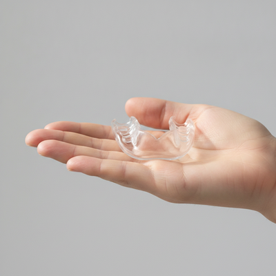 Clear anti-snore night guard held in open hand showing compact size