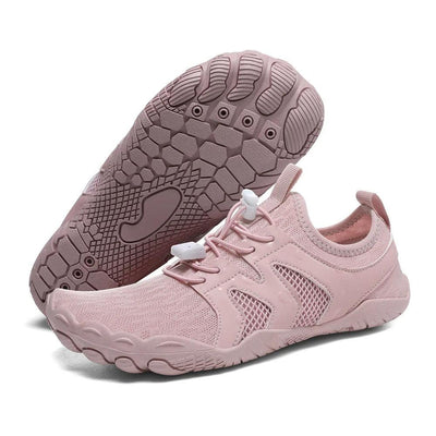 Pink barefoot water shoes side view of matching pair