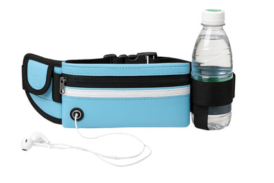 Blue running belt bag with water bottle holder and earbuds