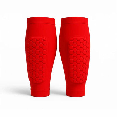 Red shin guard compression sleeves on white background