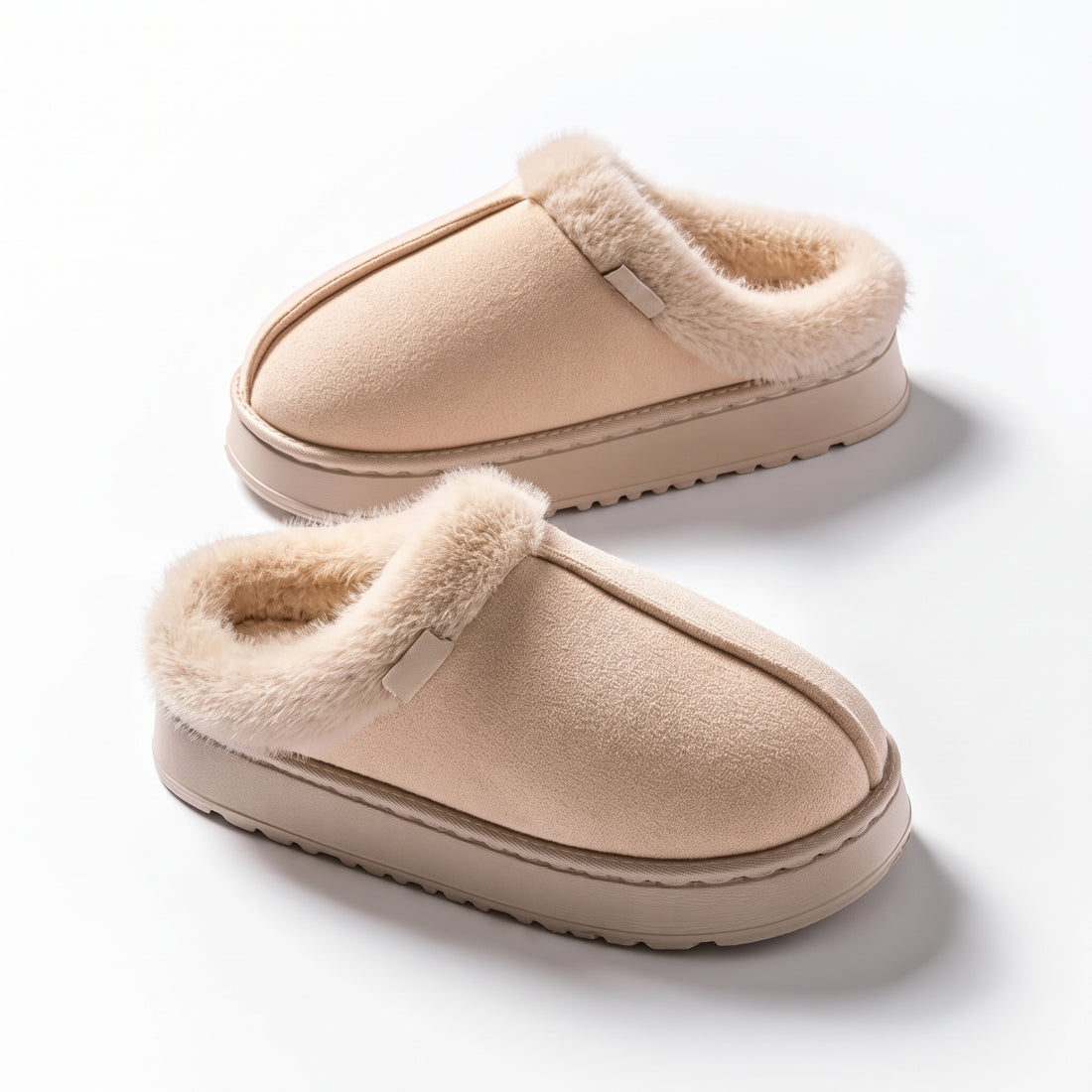 Beige fleece-lined slipper on white background